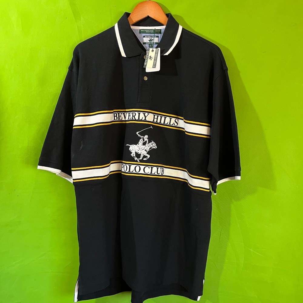 NWT Beverly Hills Polo Club Large Black Striped Short Sleeve VTG Y2k Polo‎ Shirt
